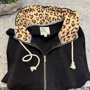 AMPERSAND AVE Black Hoodie with Leopard Print Hood